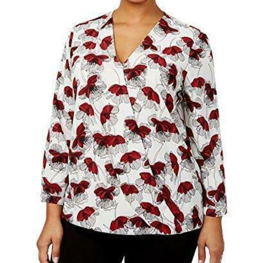Alfani Blouse Top Red Floral Surplice Wrap N55 🔥